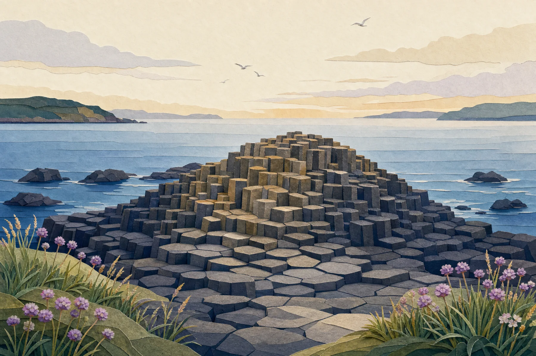 Layered paper cliffs and basalt columns at the Giant’s Causeway.