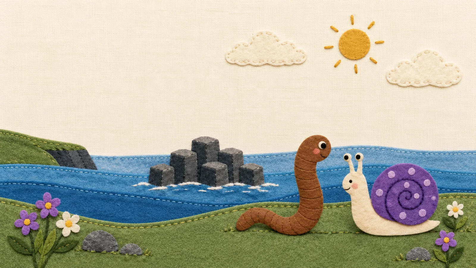 A felt worm and purple-shelled snail beside a stitched blue sea.